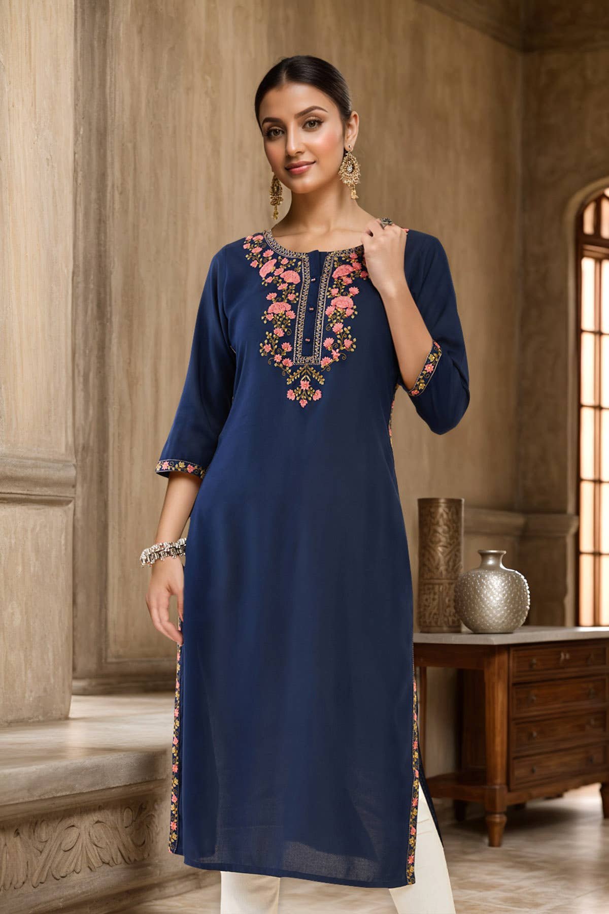 Navy Blue Floral Embroidered Rayon Kurta
